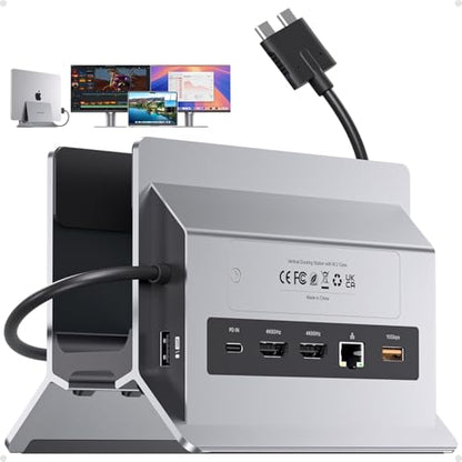 MacBook Docking Station Dual Monitor 4K@60Hz with M.2 NVMe SSD Enclosure | PULWTOP Vertical USB C Laptop Stand Dock for MacBook M5/M4 Pro/Max, 2 HDMI, PD, USB A/C 10Gbps, Ethernet, Space-Saving - Gray