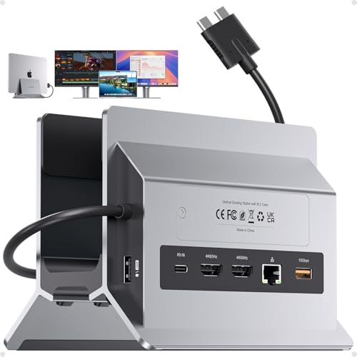 MacBook Docking Station Dual Monitor 4K@60Hz with M.2 NVMe SSD Enclosure | PULWTOP Vertical USB C Laptop Stand Dock for MacBook M5/M4 Pro/Max, 2 HDMI, PD, USB A/C 10Gbps, Ethernet, Space-Saving - Gray