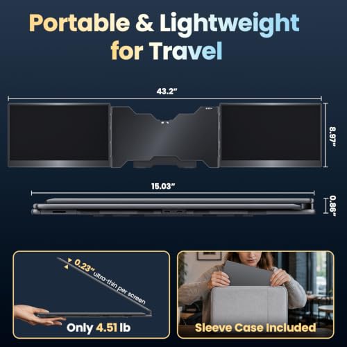Upperizon Portable Monitor Foldable Dual Screen 15.6 inch FHD 90% sRGB 60Hz IPS USB-C Travel Monitor for Laptop Mac Windows, DisplayLink Triple Screen Extender with Kickstand - size: 15.6-inch