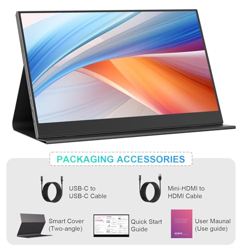 UFYQL 10-Point Touch Portable Monitor, 15.6" 1080P FHD IPS Screen, Aluminum Alloy Body with Smart Protective Cover, Dual USB-C & Mini HDMI Ports, VESA Mount Holes, for Laptop, PC,Phone