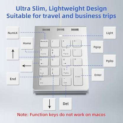 Wired Numeric Keypad with USB-C & USB-A – 18 Keys Number Pad, Built-in 3-Port USB 2.0 Hub, 15° Ergonomic Numpad for Laptop, Desktop, Surface, iPad – Plug & Play for Windows, macOS, Chrome OS