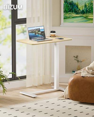 BIZUM Adjustable Bedside Table with Swivel Hidden Wheels Pneumatic Rolling Desk Mobile Standing Desk with Cup Holder for Hospital Home(31.5"x15.8" Maple) - color: Maple, size: 31.5"x15.8"