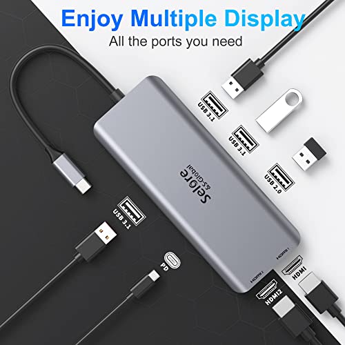 USB C Adapter HDMI Hub for MacBook Pro, Laptop Docking Station, 7 in 1 USB C Docking Station to Dual HDMI Displayport with 3 * 10Gbps USB Port, 100W PD Charging - color: Silver Grey