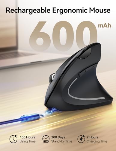 TECKNET Wireless Ergonomic Mouse, Rechargeable Wireless Vertical Mouse | Rechargeable Mouse Black, 2.4GHz USB Receiver, Silent Click, 6 Adjustable DPI up to 4800, 6 Buttons for Laptop, PC & MacBook - color: Black