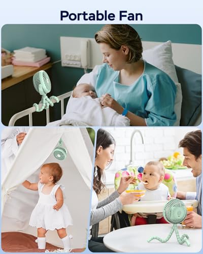 AMACOOL Baby Stroller Fan - 5000mAh Rechargeable, 3-Speed, Strong Yet Quiet, 360°Rotate Portable Clip on Fan for Travel, Car Seat, Crib, Bike, Treadmill, Beach Vacation Essentials - color: Green