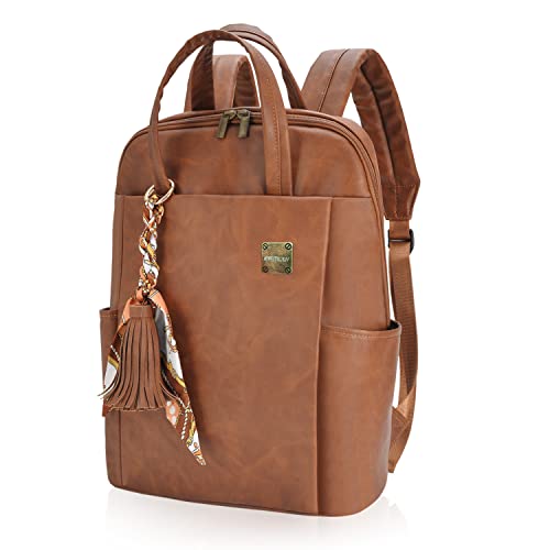 Kamlui Laptop Backpack for Women Slim Travel - Laptop Bag Computer Case Fit up to 15.6-inch Notebook Lightweight Medium Size Purse for Work Bookbag Business Fashion Stylish PU Leather Brown - color: Brown Pu 239