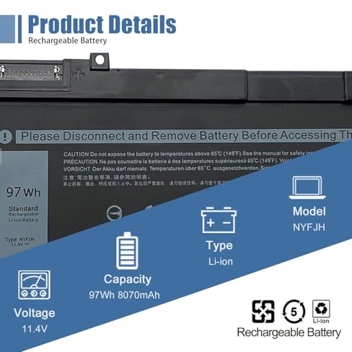 NYFJH Laptop Battery 11.4V 97Wh 8070mAh Replacement for Dell Precision 7530 7730 7540 7740 Series Notebook 5TF10 0WMRC 00WMRC GW0K9 0GW0K9 - size: 13.06*3.07*0.38 inch NYFJH