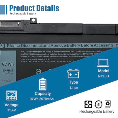 NYFJH Laptop Battery 11.4V 97Wh 8070mAh Replacement for Dell Precision 7530 7730 7540 7740 Series Notebook 5TF10 0WMRC 00WMRC GW0K9 0GW0K9 - size: 13.06*3.07*0.38 inch NYFJH