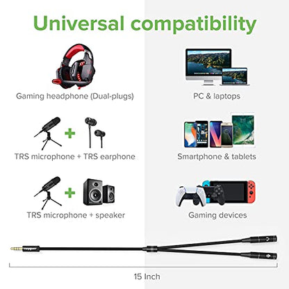 ChargeWorx 3.5mm Headphone and Mic Splitter Adapter, Gaming Headset Y Splitter Cable with Gold Plated Connectors, Audio and Microphone Jack Converter for PC, Laptop, Console and Smartphone