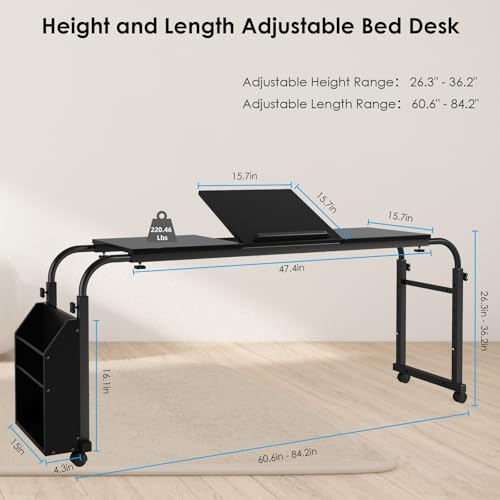 Overbed Table with Wheels,60.6-84.2 inches Mobile Bed Desk, Black | Rolling Computer Desk with 0-65°Tilt Stand,4 Heights and 6 Lengths,Side Storage Basket,for Home,Office and Hospital - color: Black