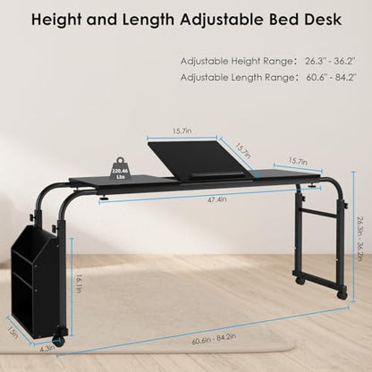 Overbed Table with Wheels,60.6-84.2 inches Mobile Bed Desk, Black | Rolling Computer Desk with 0-65°Tilt Stand,4 Heights and 6 Lengths,Side Storage Basket,for Home,Office and Hospital - color: Black