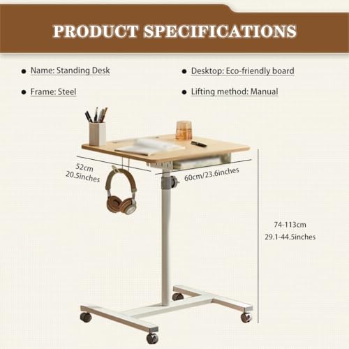 Portable Bedside Table with Drawer, Standing Desk with Wheels, Height Adjustable Laptop Desk, Movable Sofa Side Table, Easy to Install(Wood Color) - color: Wood Color
