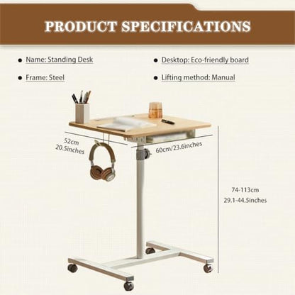 Portable Bedside Table with Drawer, Standing Desk with Wheels, Height Adjustable Laptop Desk, Movable Sofa Side Table, Easy to Install(Wood Color) - color: Wood Color