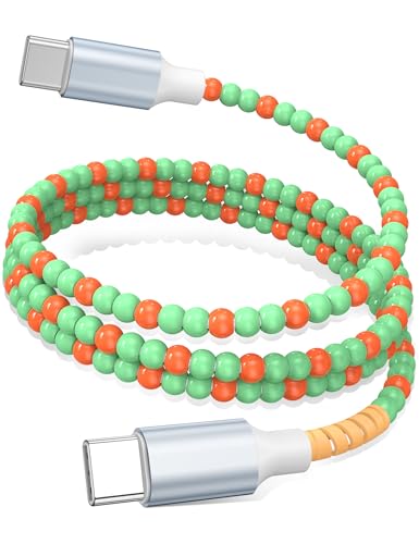 USB C to USB C Cable 3FT,60W Beaded Charger Cord Fast Charging for iPhone 17 16 15 Pro Max/iPad Pro Air 11th/Samsung S26 S25 S24 Ultra S23 A16/Android Phone Charger Cable Cute Girls Women,Green-Orange - color: Green-Orange, size: 3FT/1M