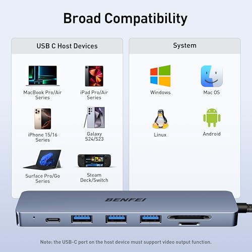 BENFEI USB C HUB 7-in-1 with HDMI(4K@60Hz,Certified), 100W Power Delivery, 3*USB 3.0, SD/TF Card Reader(160MB/s) Compatible with iPhone 15 Pro/Max, MacBook, iPad Pro, iMac, S23, XPS17 - color: Gray, size: 7-in-1
