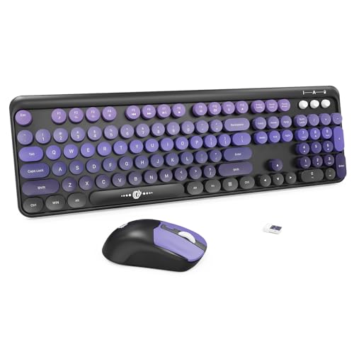 Wireless Keyboard and Mouse Combo, 104 Round Keys Cute Colorful Keyboard and Mouse with Retro Typewriter for PC/Mac/Laptop/Tablet/Computer/Windows Black Purple - color: Black Purple