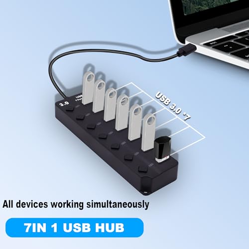 7-Port USB 3.0 Hub Multi Functional 1 to 4 Splitter 5Gbps Data Transfer USB 3.0 Extender with Individual LED Power Switches, for Laptop,PC,Flash Drive,HDD (USB HUB 7 Ports)