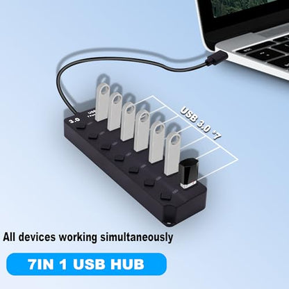 7-Port USB 3.0 Hub Multi Functional 1 to 4 Splitter 5Gbps Data Transfer USB 3.0 Extender with Individual LED Power Switches, for Laptop,PC,Flash Drive,HDD (USB HUB 7 Ports)