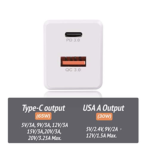 GaN Tech 65W Dual Port PD Wall Charger with 5ft USB C Cable for MacBook, Laptops, iPad Pro, iPhone 12, Galaxy, Pixel and More (White) - color: White