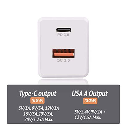 GaN Tech 65W Dual Port PD Wall Charger with 5ft USB C Cable for MacBook, Laptops, iPad Pro, iPhone 12, Galaxy, Pixel and More (White) - color: White