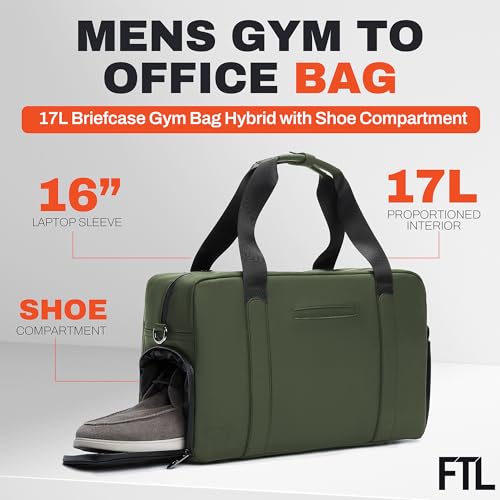 The FTL Lite Mens Gym to Office Bag - 17L Briefcase Gym Bag Hybrid with Shoe Compartment & 16" Laptop Sleeve - Executive Daily Carry & Overnight Duffel for Athletic Business Pros - Abbot Green - color: Abbot Green, style: Lite