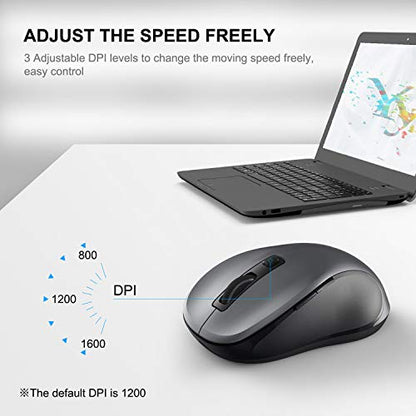 WisFox 2.4G Wireless Mouse for Laptop, Ergonomic Computer Mouse with USB Receiver and 3 Adjustable Levels, 6 Button Wireless Mice for Windows Mac PC Notebook (Grey) - color: Grey