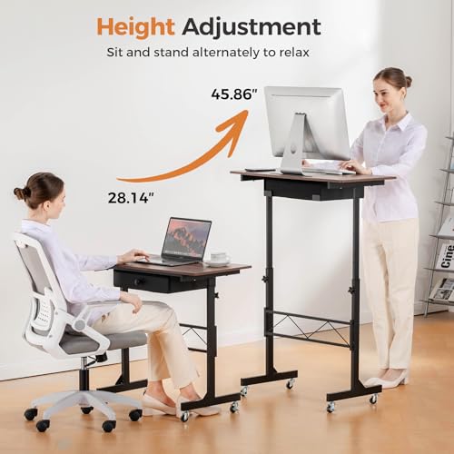 GTPLAYER Small Standing Desk Adjustable Height Small Computer Desk Mobile Portable Rolling Laptop Table with Wheels 32" Computer Workstation Sit Stand Desks Portable Standing Table Treadmill desks - color: Brown