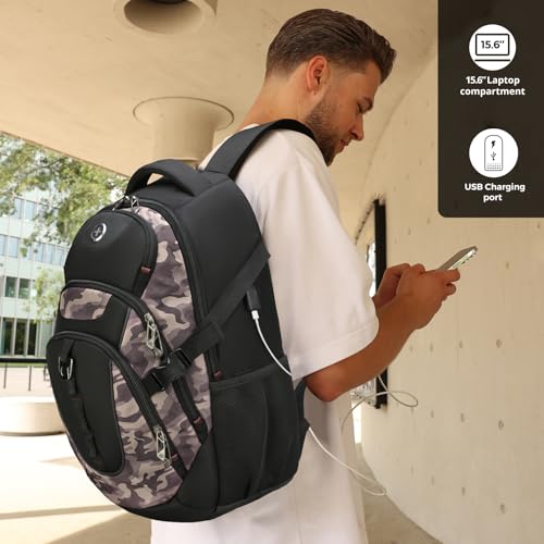Swissdigital Design Laptop Backpack with USB Charging Port, Travel Backpack Fits 15.6 inches Computer, 31L College School Backpack for Men, Khaki Camo | SD803-94 - color: Khaki Camo