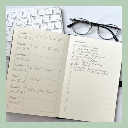 RICCO BELLO Undated Weekly Planner To Do Notebook, Brown, 5.7 x 8.4" | Faux Leather Hardcover, Pen Holder, Bookmark & Elastic Band Closure, Storage Pocket, For Work, School, Home - color: Brown