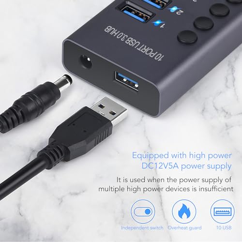 CCYLEZ 10 Port USB 3.0 Hub with Individual Switches and 60W Power Adapter for Laptop PC Game Console (US Plug)
