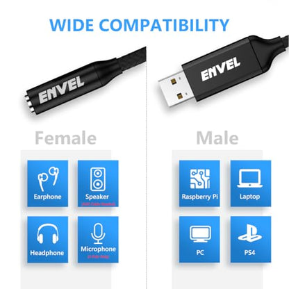 ENVEL Headset Adapter 3.5mm Female to USB Male, Built-in Chip External Stereo Sound Card,TRRS 4-Pole Mic-Supported USB to Headphone Adapter for PS4 Laptop PC | External Stereo Sound Card for PS4/PS5/PC/Laptop, Headphone Adapter with Built-in Chip TRRS 4-P