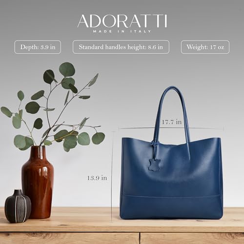 Italian Leather Tote Bag for Women - Large Shoulder Shopper, Fits 16” Laptop, Keychain Holder, Made in Italy - color: Navy Blue