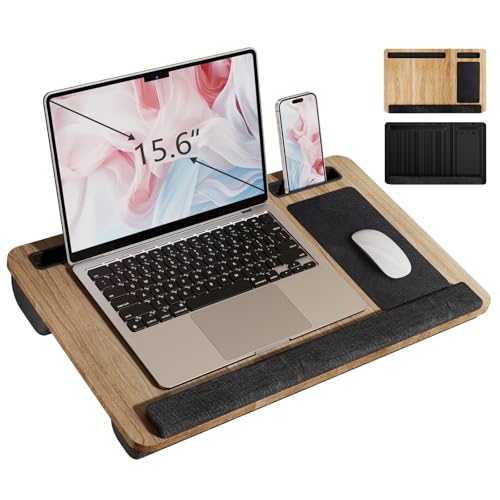 Portable Lap Desk for Laptop, Wood Lapdesk Bed Table with Handle Fits up to 15.6 inches Tray Table with Soft Pillow, Mouse Pad, Wrist Pad & iPad/Phone Slots, Laptop Stand 21.6 x 13.4in-Walnut