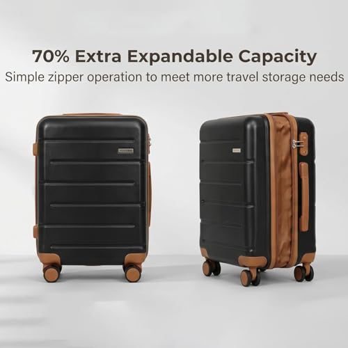 3-Piece Luggage Set with Carry On Luggage Set 22x14x9 Airline Approved, ABS Hardside Suitcase with 8 Spinner Wheels & TSA Lock, Expandable Suitcase for Men & Women (20/TB/DB Black) - color: Black, size: (20/DB/TB)-Expandable