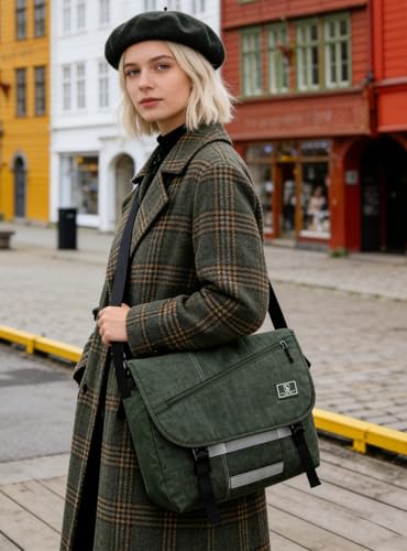 OIWAS Messenger Bag for Men, 15.6 Inch Laptop Satchel Crossbody Bag, Green | Padded laptop sleeve; built-in bottle holder & reflective safety strips; large shoulder bag for college, work, travel - color: 15.6 Inch-green