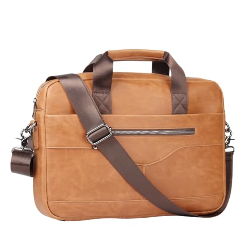 14" Roomy/15.6" Compact Laptop Messenger Bag for Men, Vintage Faux Leather Briefcase - Crossbody Business Travel Satchel - color: B Brown