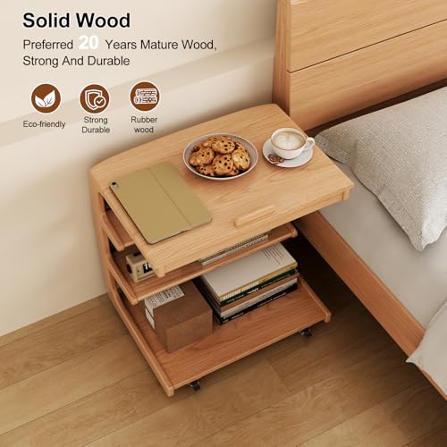 AQIMUELE Rolling Side Table, C Shaped End Table, C Table with 4 Wheels Solid Wood Small Rolling Desk with Adjustable Desktop,C Shaped End Table for Couch,Home Office(15.6" D x 23.6" W x 24.3" H) - color: Natural, size: 15.6"D x 23.6"W x 24.8"H, style: Mod