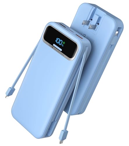 Nusyddy Portable Charger 20000mAh Fast Charging w/Built-in Wall Plug Blue | 22.5W Fast Charging, High Capacity, LED Display, Charge 5 Devices at once, TSA Approved, Compatible with iPhone/Samsung - color: Azure