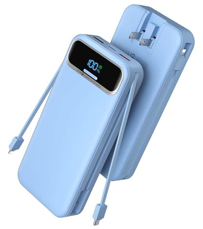 Nusyddy Portable Charger 20000mAh Fast Charging w/Built-in Wall Plug Blue | 22.5W Fast Charging, High Capacity, LED Display, Charge 5 Devices at once, TSA Approved, Compatible with iPhone/Samsung - color: Azure