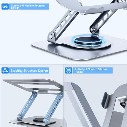 Leeboom 360° Rotating Laptop Stand, Aluminum Riser with Ergonomic Design | Adjustable ergonomic laptop holder fits 10–15.6-inch notebooks. Compatible with MacBook Air, Pro, Dell, HP, & Lenovo laptops - color: light silver
