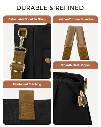 Tuwubi Canvas Tote Bag for Women, Large Tote Bag with Zipper & Compartments for Travel Work College Teacher Nurse - color: Black