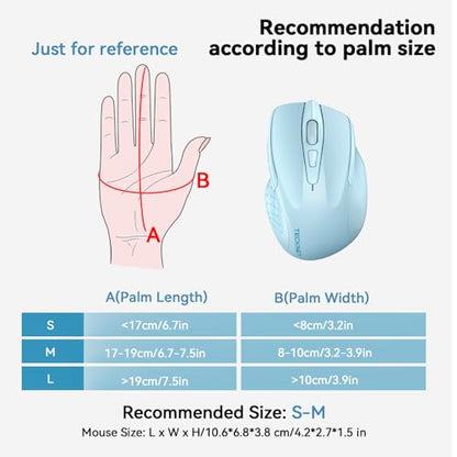 TECKNET Wireless Mouse, BT 5.0/2.4G, Rechargeable 6-DPI Silent, Lightblue | Bluetooth 5.0/3.0 & USB A, 2-Device Easy Switch, Wide OS Compatible, 6 Buttons, 6-DPI up to 4800, Ergonomic for S to M Hands - color: Lightblue
