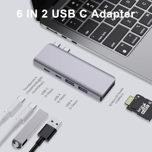 USB C Hub, 6 in 2 USB C Adapter Thunderbolt 4 100W PD MacBook Air Pro M1-M4 | Thunderbolt 4 Hub • 100W PD • 40Gbps • USB C 3.0 • 2 USB A 3.0 • SD/TF Card Reader • MacBook USB Adapter - size: 9888 Gray