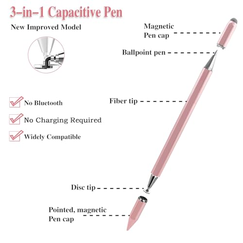 3 in 1 Universal Stylus Pen for Touchscreen,High Sensitivity&Precision | Metal Barrel, No Bluetooth,No Charging Capacitive Stylus Pen for iPad/Nintendo Switch/iPhone/Android/Samsung/Tablets-Pink - color: Pink