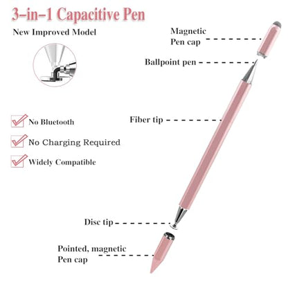 3 in 1 Universal Stylus Pen for Touchscreen,High Sensitivity&Precision | Metal Barrel, No Bluetooth,No Charging Capacitive Stylus Pen for iPad/Nintendo Switch/iPhone/Android/Samsung/Tablets-Pink - color: Pink