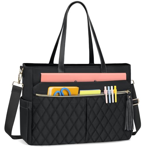 RAINSMORE Laptop Bag for Women 15.6" Teacher Tote Work Bag with Insulated Pockets, Professional Nurse Bag Laptop Briefcase Large Handbag for Office College Nursing, Black - color: Black