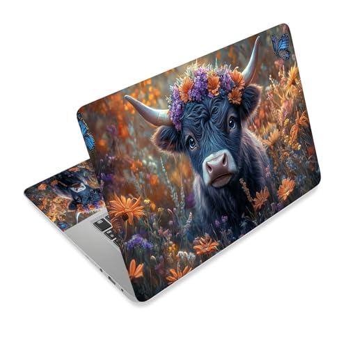Universal Laptop Skin Sticker Decal,15.6 Inch Laptop Vinyl Cover for 13" 14" 15.6" Laptop,Scratch-Resistant Waterproof Protector Wrap,Reusable with Wrist Pads,Flower Crown Highland Cow - color: Flower Crown Highland Cow