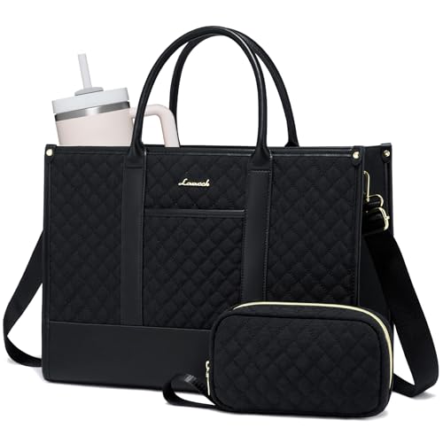 LOVEVOOK Laptop Bags for Women, 15.6 inch Waterproof Work Tote Bag with Clutch, Professional Teacher Computer Purse Lightweight Shoulder Bag Travel, Quilted Black | Canvas Quilted Computer Purse with Shoulder Strap&Clutch, Professional Teacher Handbag Off