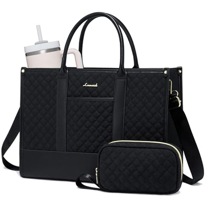 LOVEVOOK Laptop Bags for Women, 15.6 inch Waterproof Work Tote Bag with Clutch, Professional Teacher Computer Purse Lightweight Shoulder Bag Travel, Quilted Black | Canvas Quilted Computer Purse with Shoulder Strap&Clutch, Professional Teacher Handbag Off