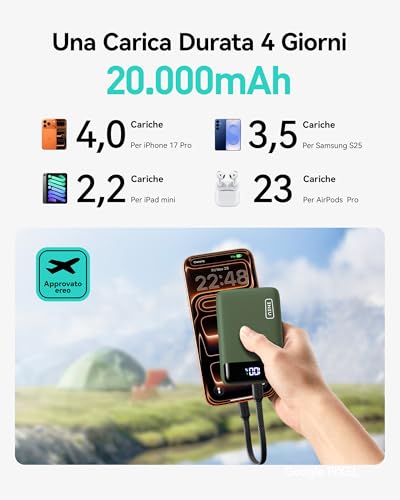 INIU Smallest 20000mAh Power Bank, 22.5W PD Fast Charging Portable Charger with USB-C Cable, Flight-Safe Battery Pack for Travel & Outdoor Camping & Emergency for iPhone Samsung iPad, Mini Size, Green | USB-C Cable, Flight-Safe, Travel Essentials, Flashli